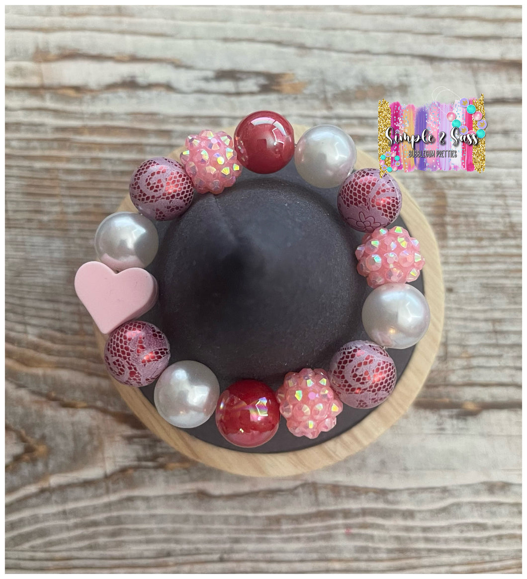Pink & Red Mix Bubblegum Bead Bracelet with Light  Pink Silicone Heart