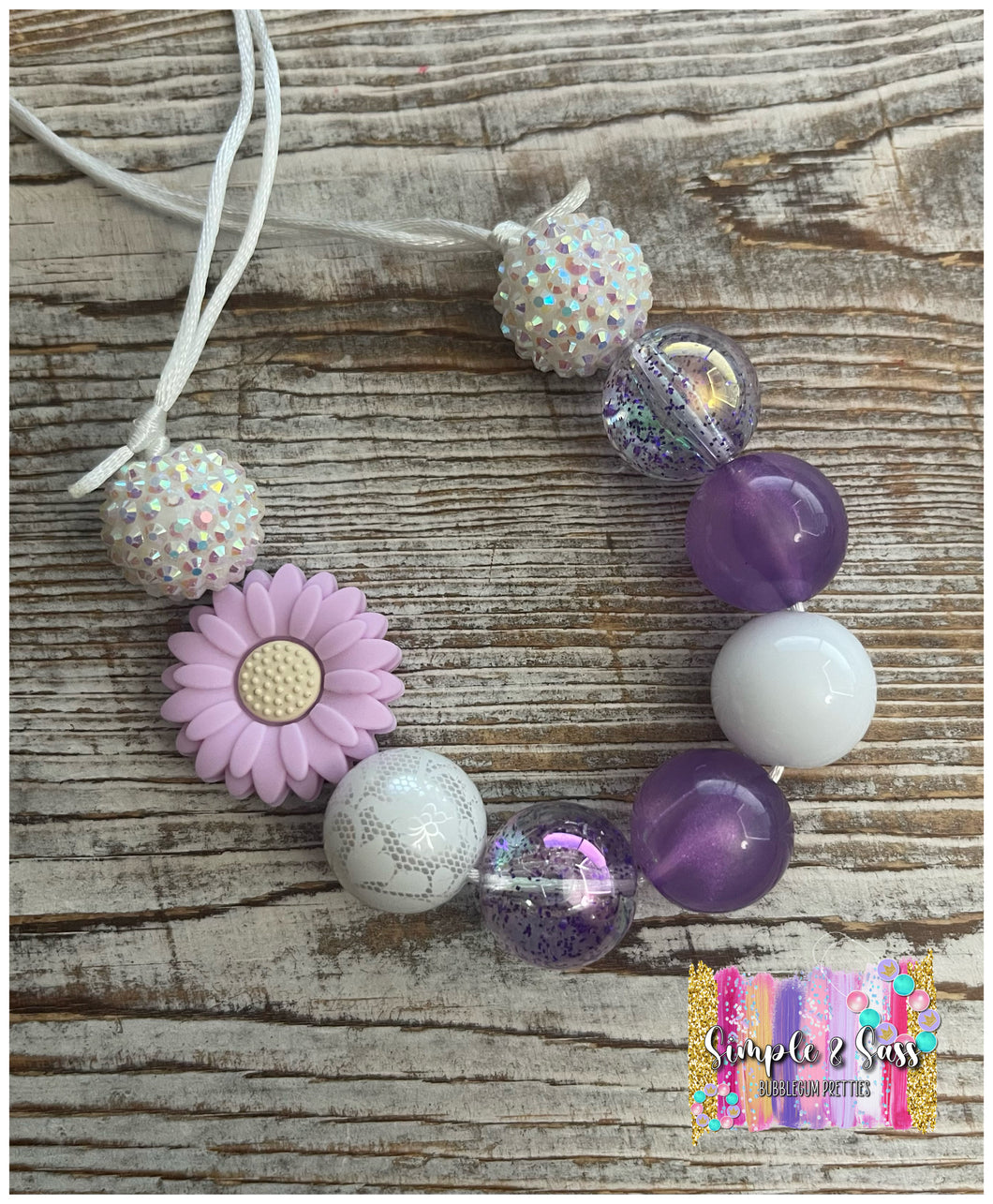 Spring Flower Bubblegum Bead Necklace with Purple Silicone Flower Focal Bead