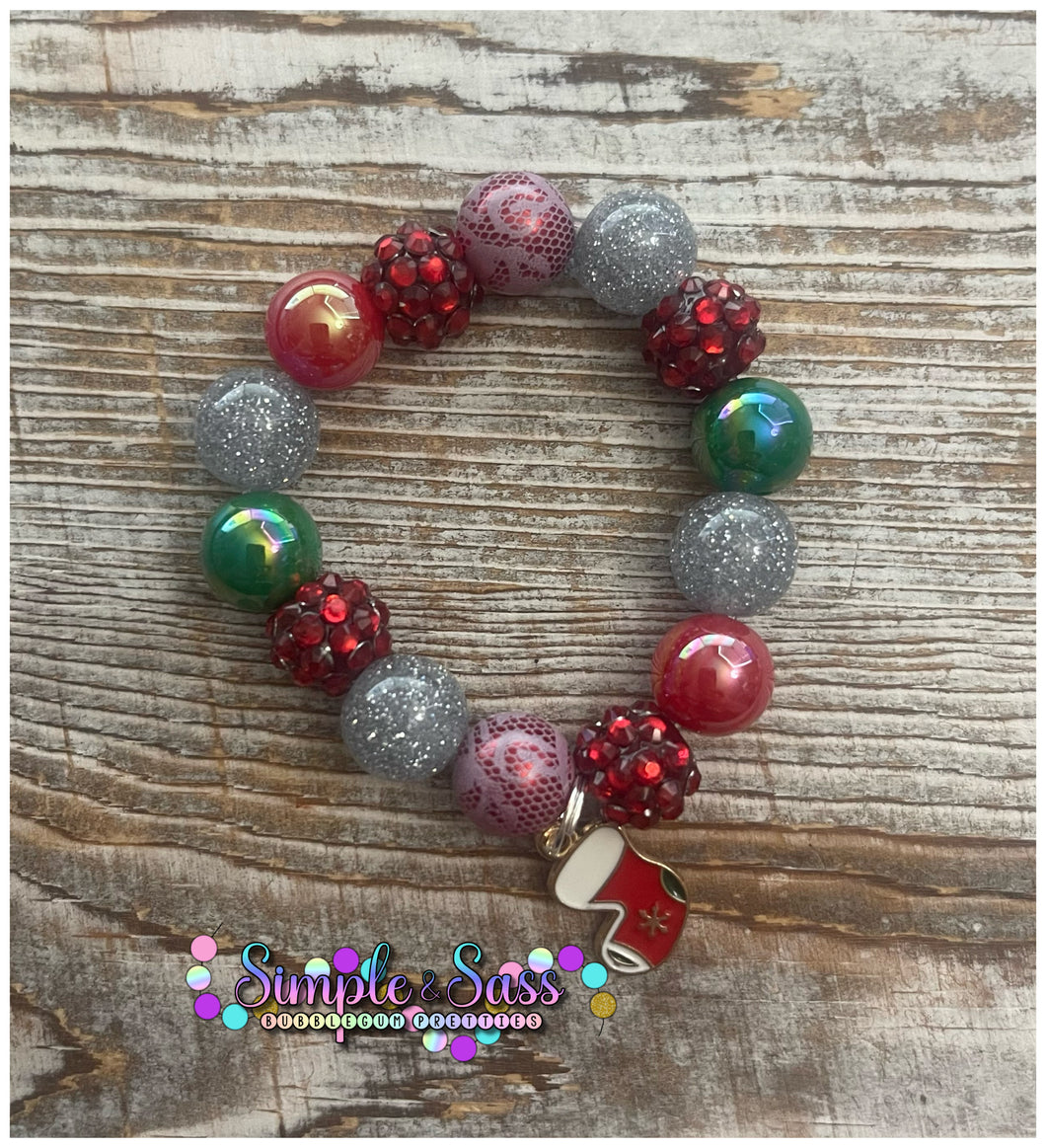 Christmas Stocking Bubblegum Bead Bracelet with Charm