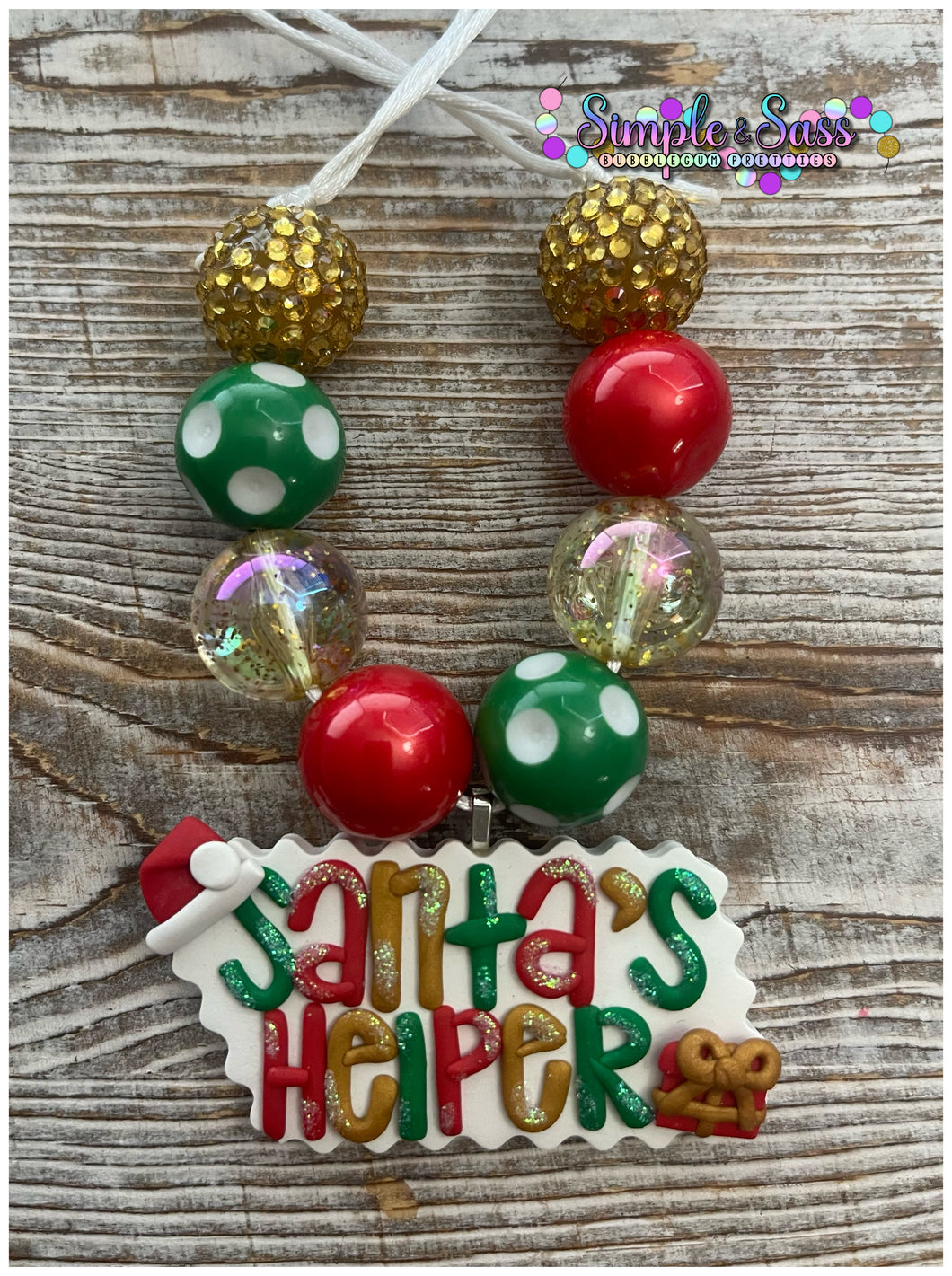 Santa’s Helper Bubblegum Bead Necklace with Clay Pendant