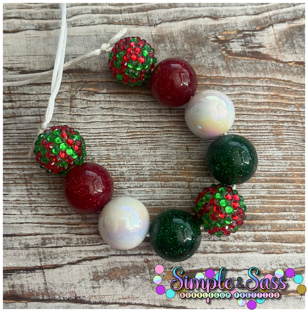 Christmas Mix Bubblegum Bead Necklace (red/green rhinestones)