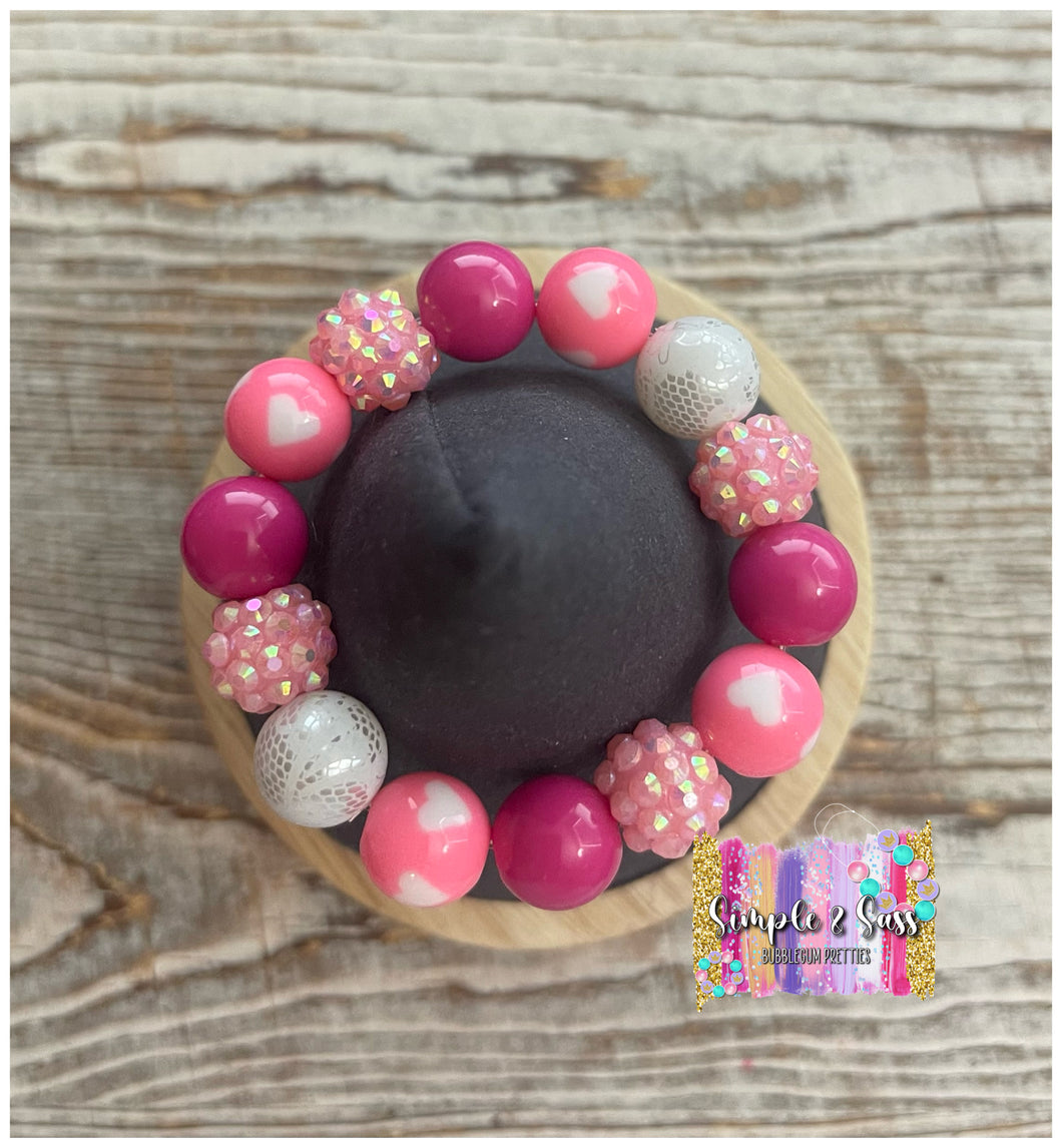 Pink Hearts & White Mix Bubblegum Bead Bracelet