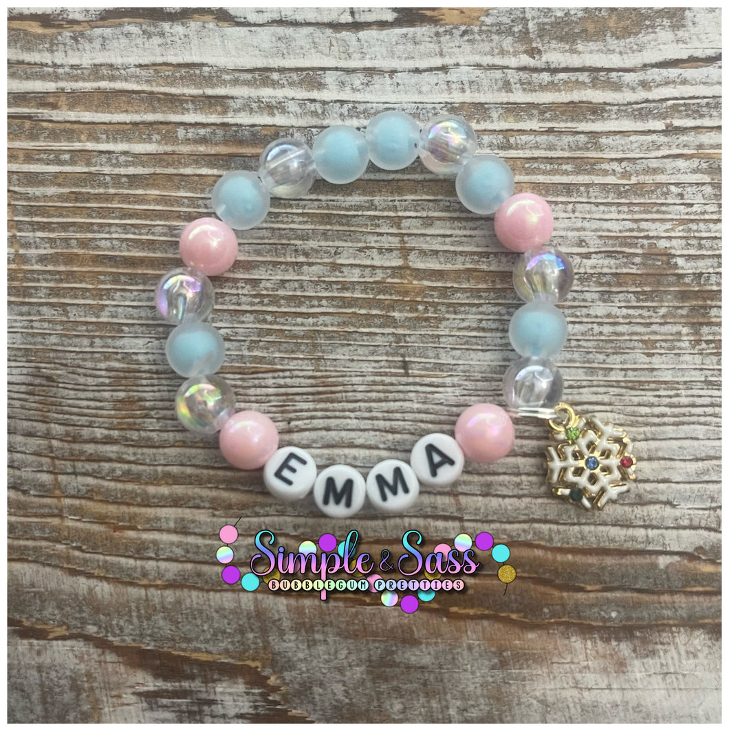 Snowflake Name 8mm Bead Bracelet with Charm