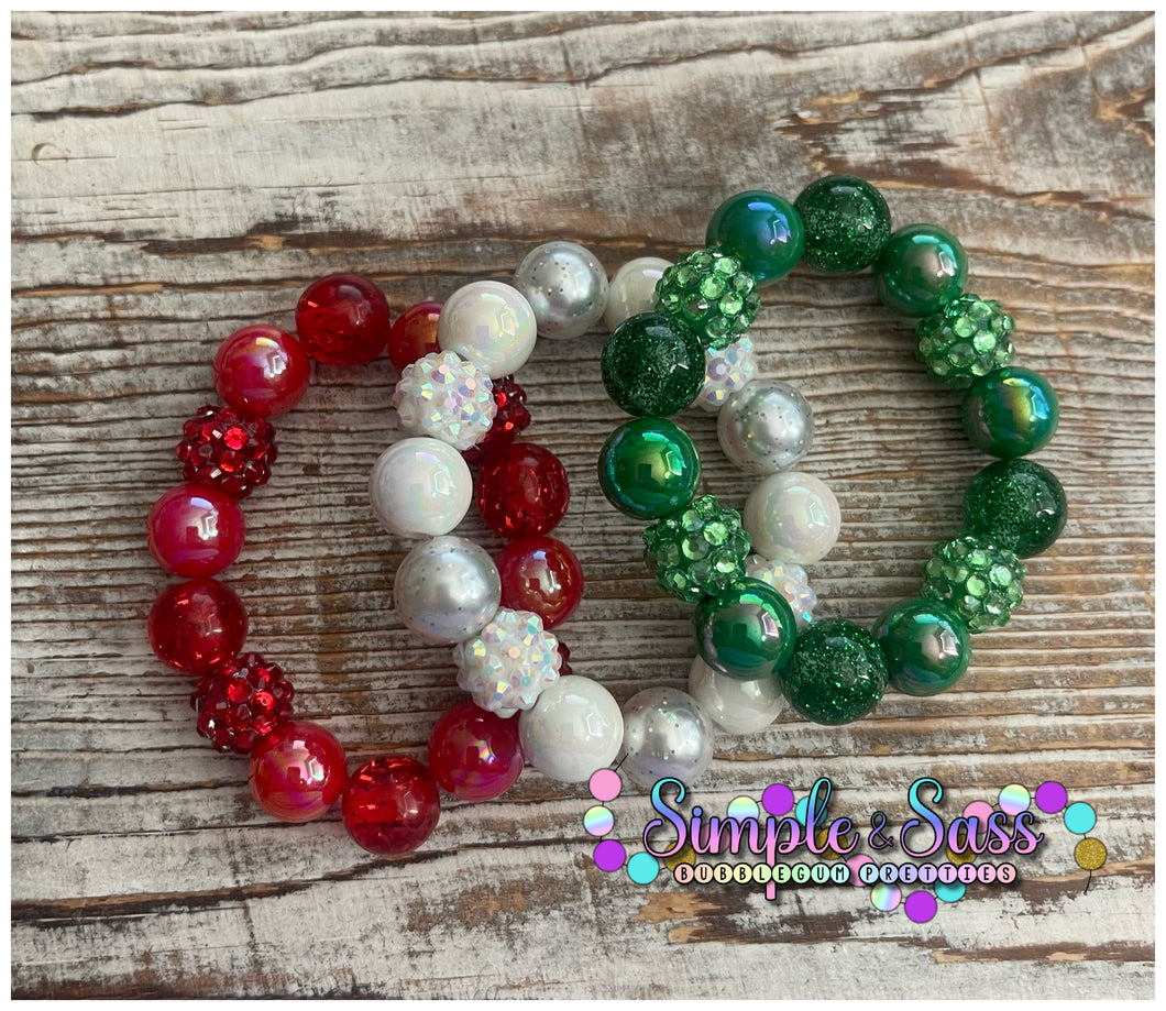 Classic Christmas Bubblegum Bead Bracelet Set (Set of 3 12mm Bracelets)