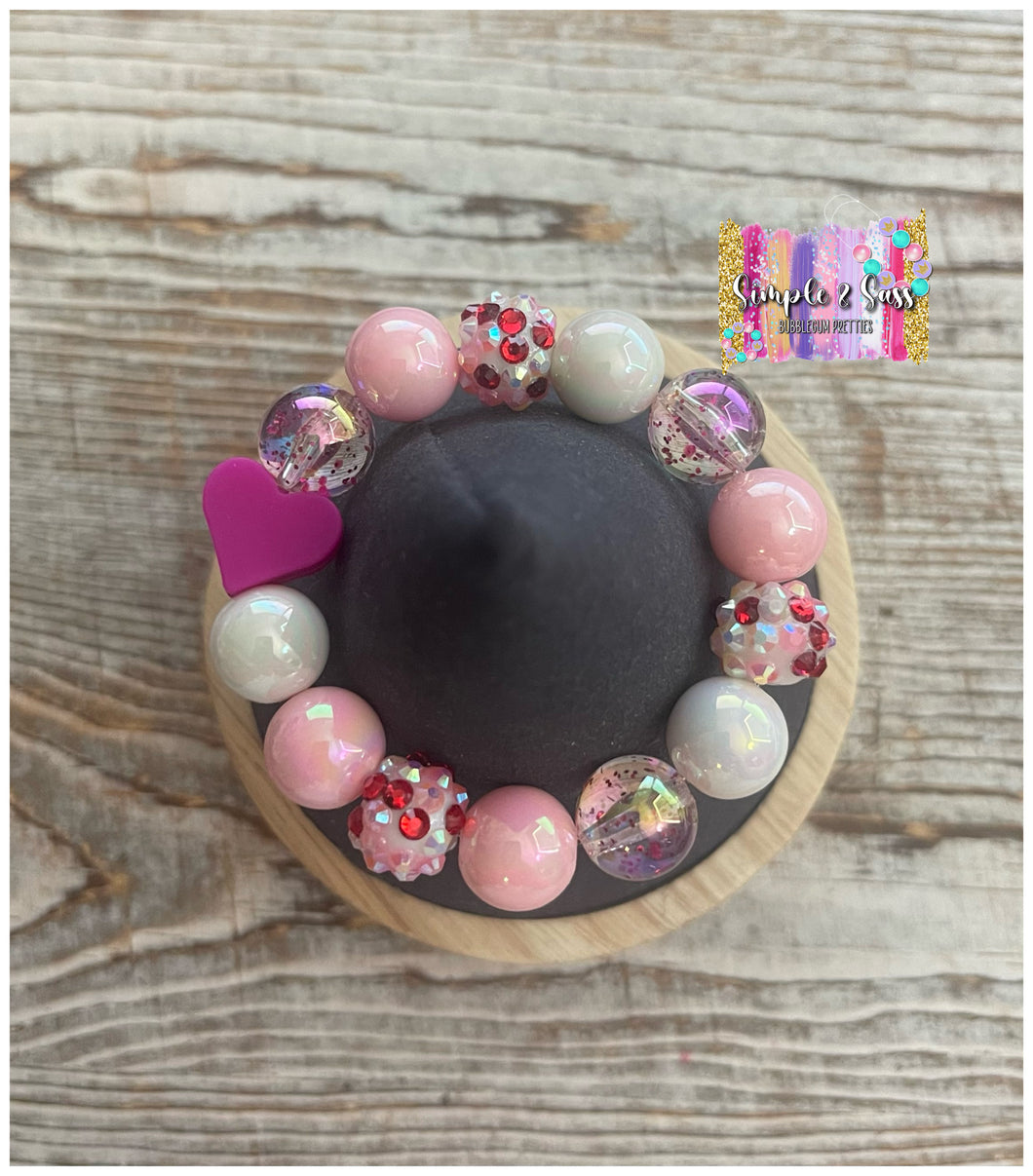 Pink Mix Bubblegum Bead Bracelet with Bright Pink Silicone Heart