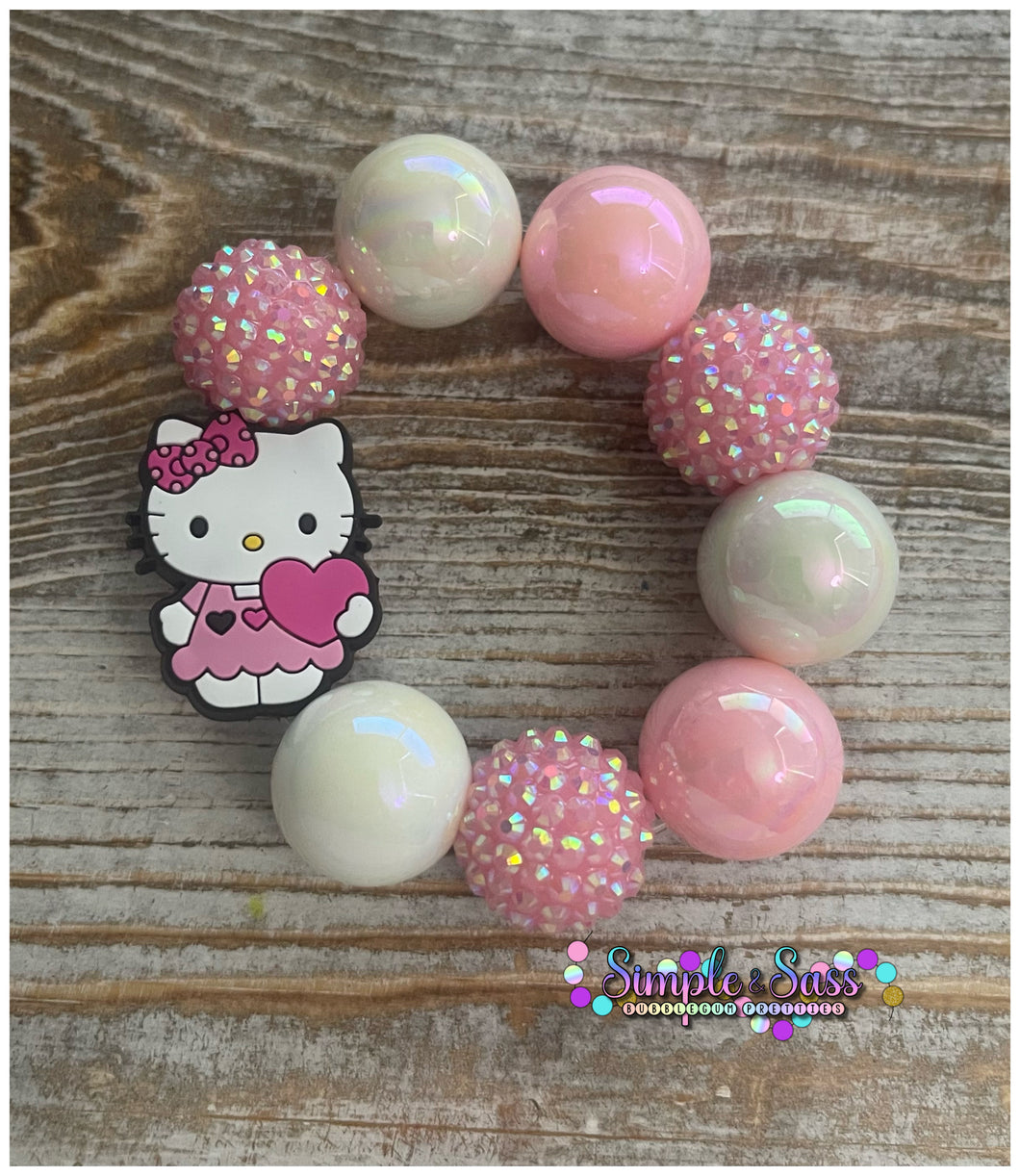 Valentines Kitty Jumbo Bead Bubblegum Bead Bracelet with Silicone Focal Bead