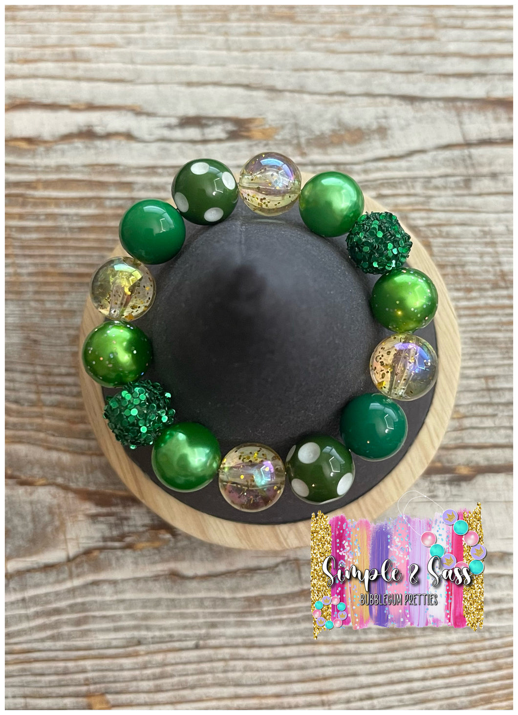 OOAK Green Dots & Gold Bubblegum Bead Bracelet