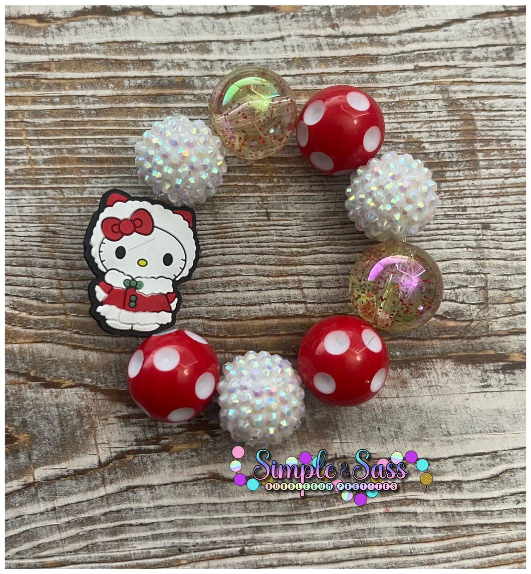 Christmas Kitty Jumbo Bead Bubblegum Bead Bracelet with Silicone Focal