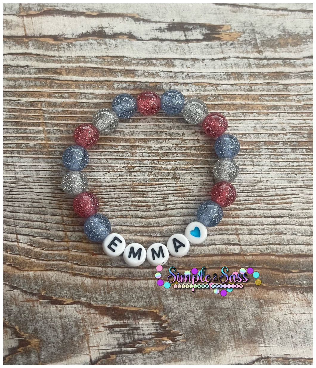Custom Glitter RWB Name 8mm Bead Bracelet
