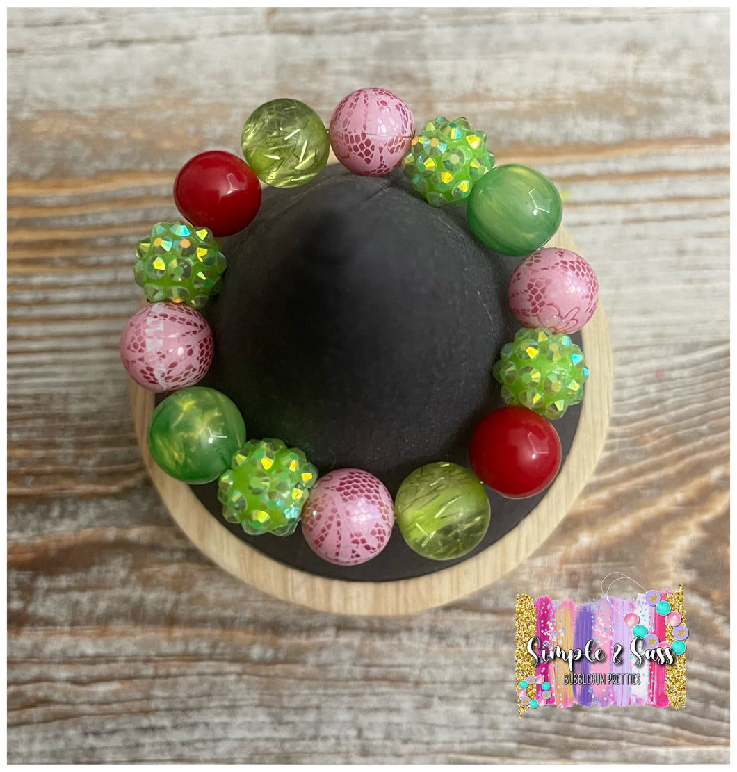 Pink Christmas Mix Bubblegum Bead Bracelet (mix 1)