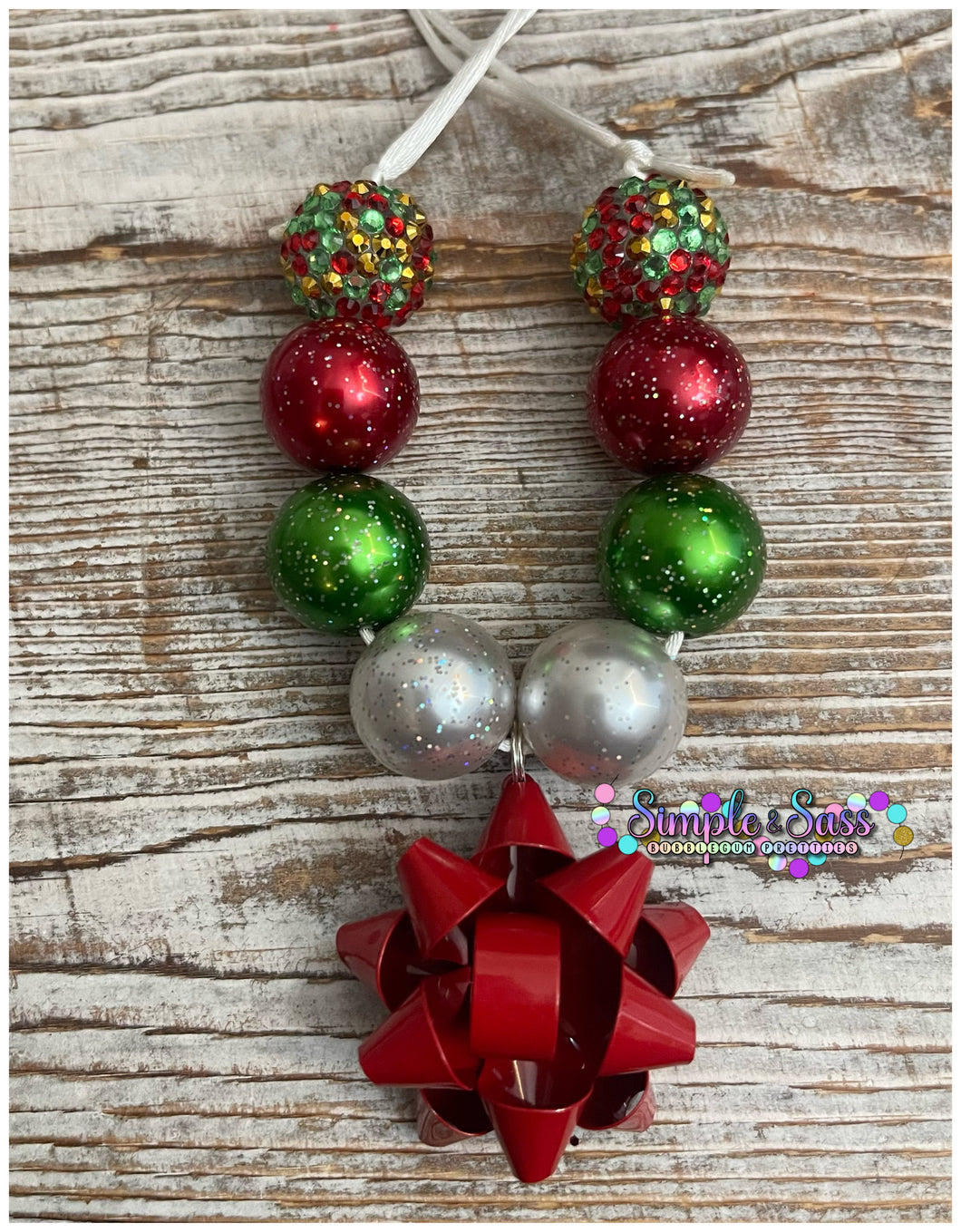 Christmas Bow Bubblegum Bead Necklace with Pendant