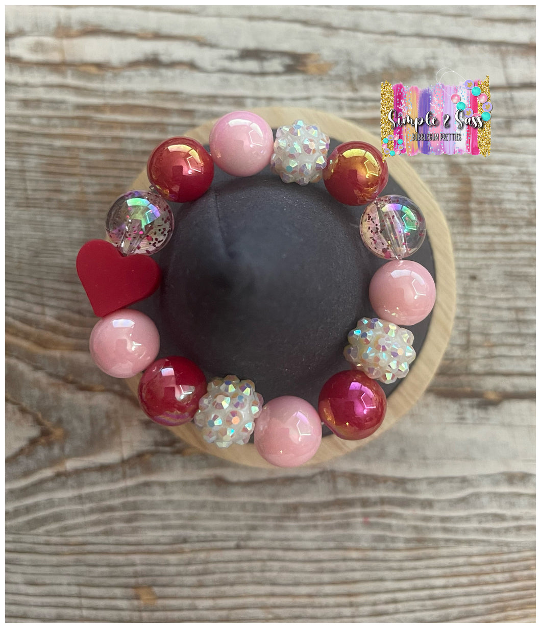 Pink & Red Mix Bubblegum Bead Bracelet with Red Silicone Heart