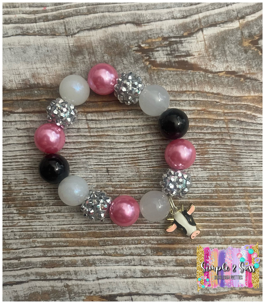 Cow Bubblegum Bead Bracelet with Charm