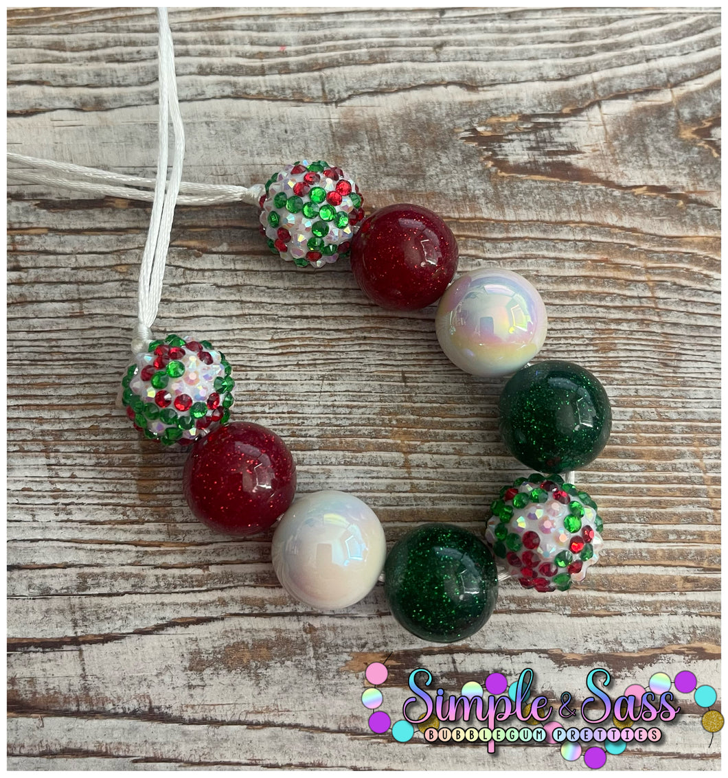 Christmas Mix Bubblegum Bead Necklace (white/red/green rhinestones)