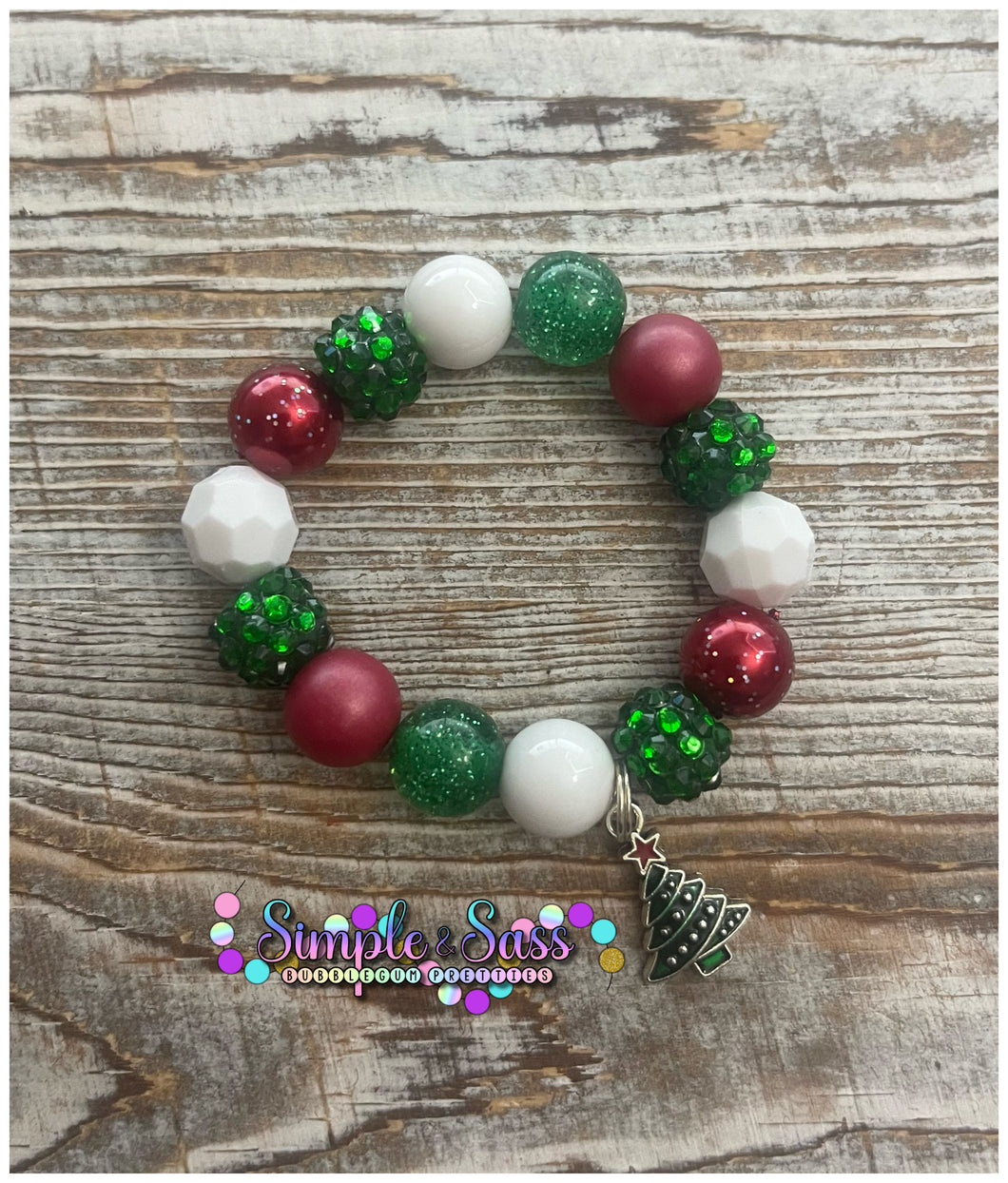 Christmas Tree Bubblegum Bead Bracelet with Charm