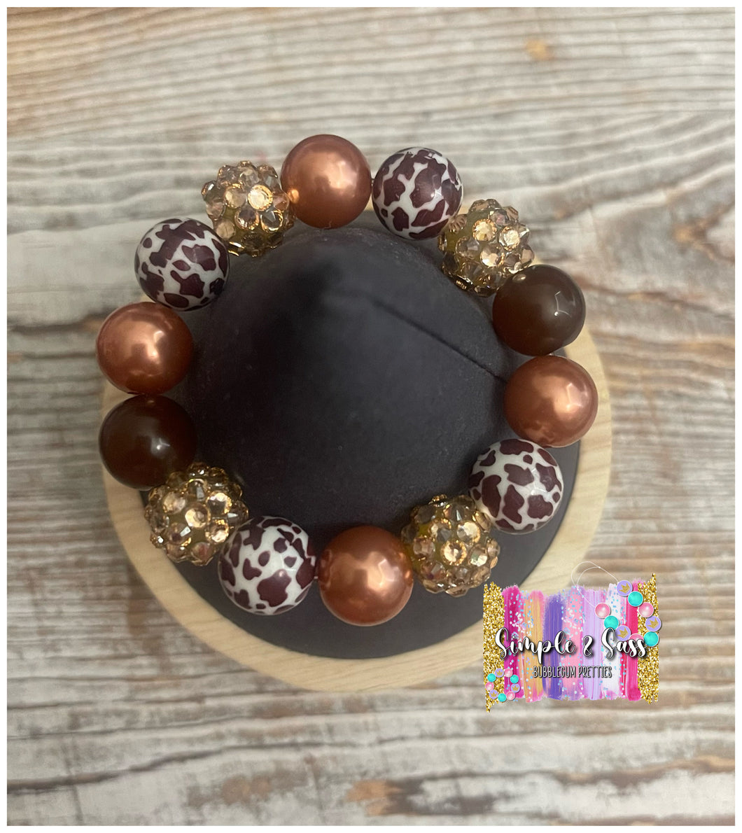 Brown Cow Print Mix Bubblegum Bead Bracelet