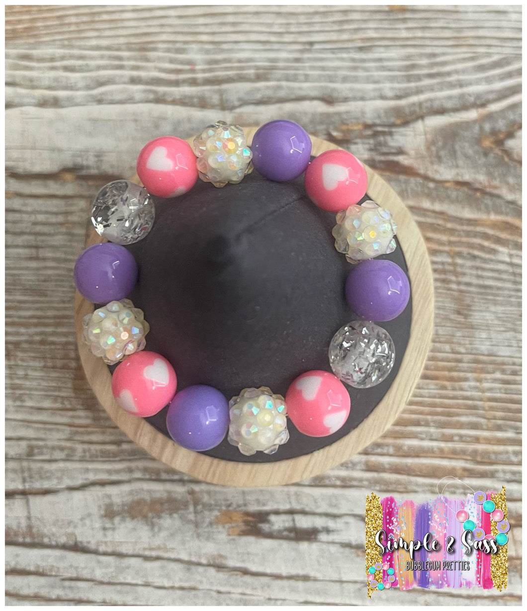 Purple & Pink Hearts Mix Bubblegum Bead Bracelet