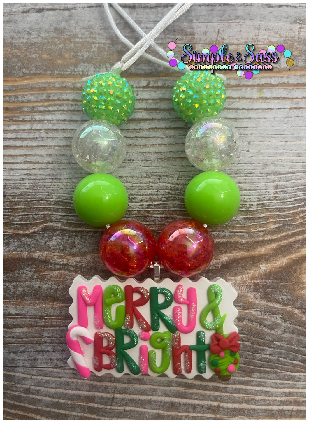 Merry & Bright Bubblegum Bead Necklace with Clay Pendant