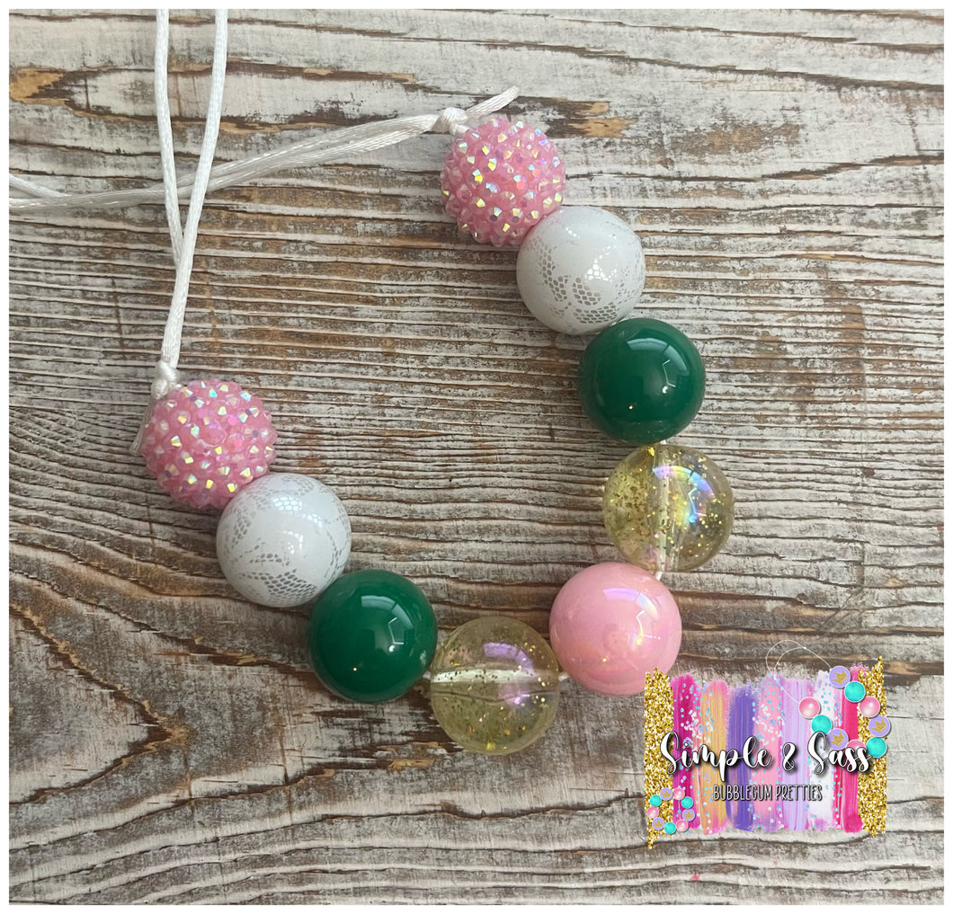 Pink & Dark Green Mix Bubblegum Bead Necklace
