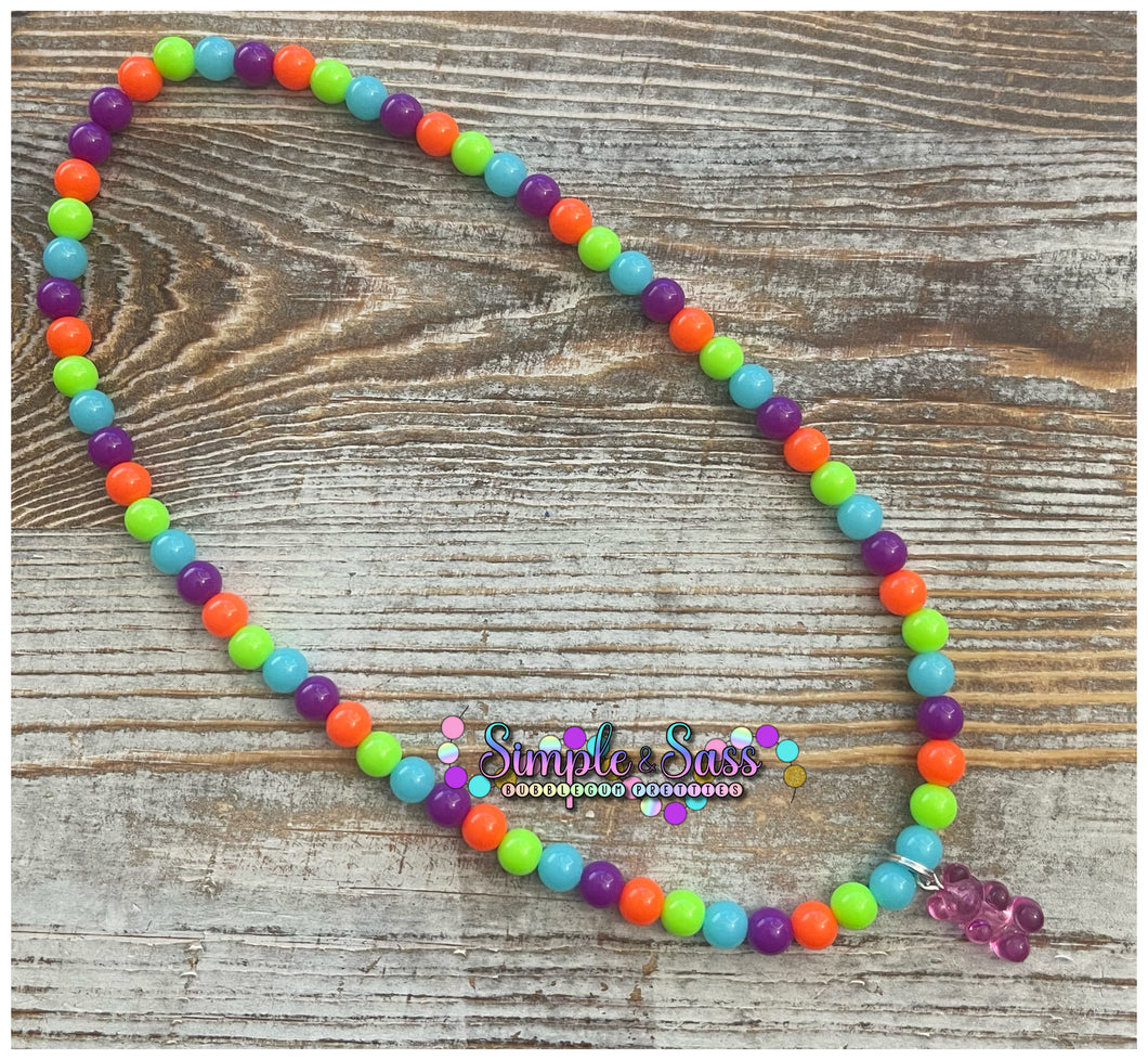 Neon Gummy Bead Full Beaded 8mm Stretchy Necklace with Charm