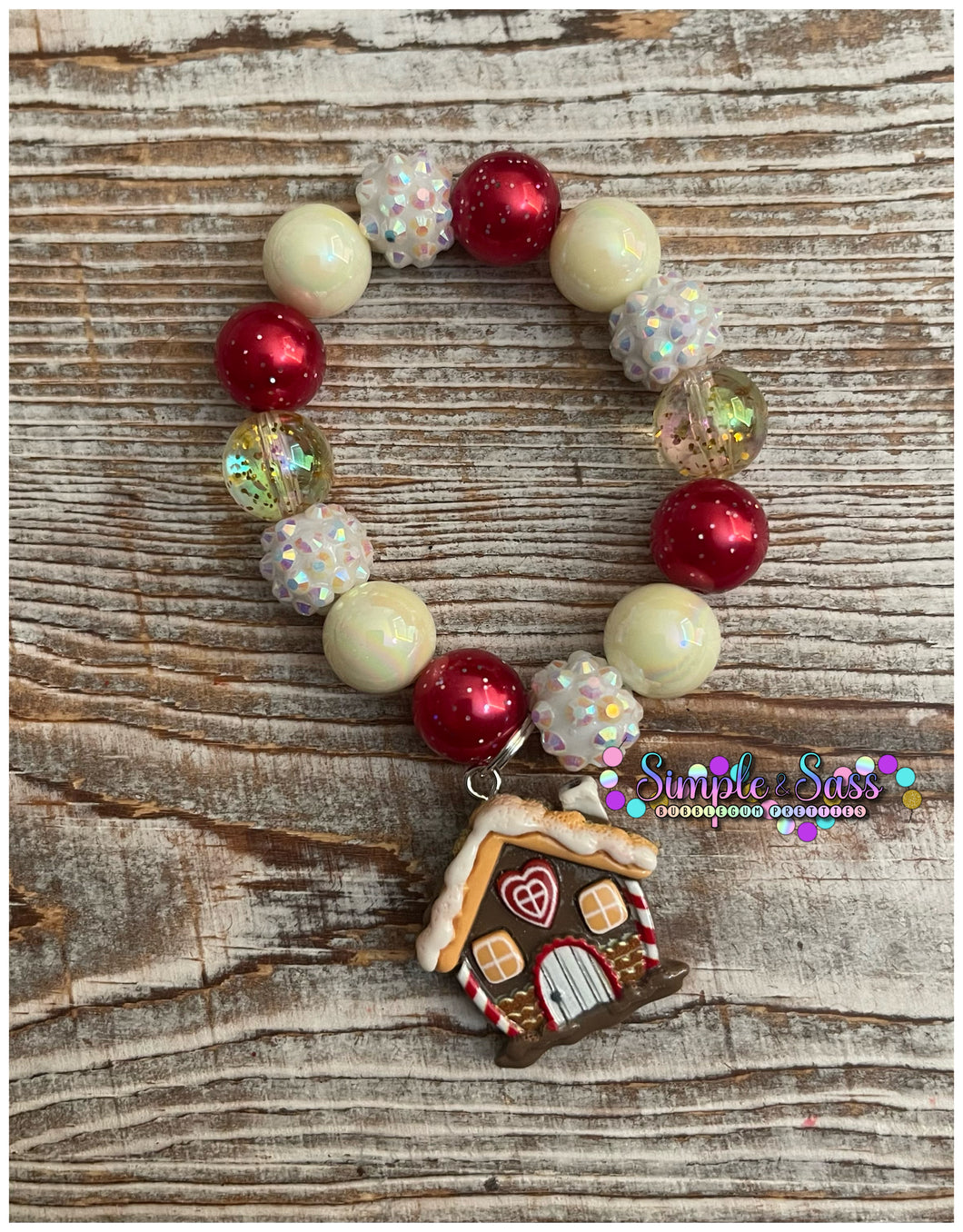 Gingerbread House Bubblegum Bead Bracelet with Charm