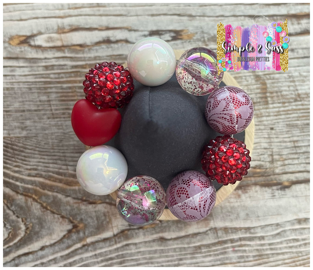 Red & White Mix Jumbo Bead Bubblegum Bead Bracelet with Red  Focal Bead