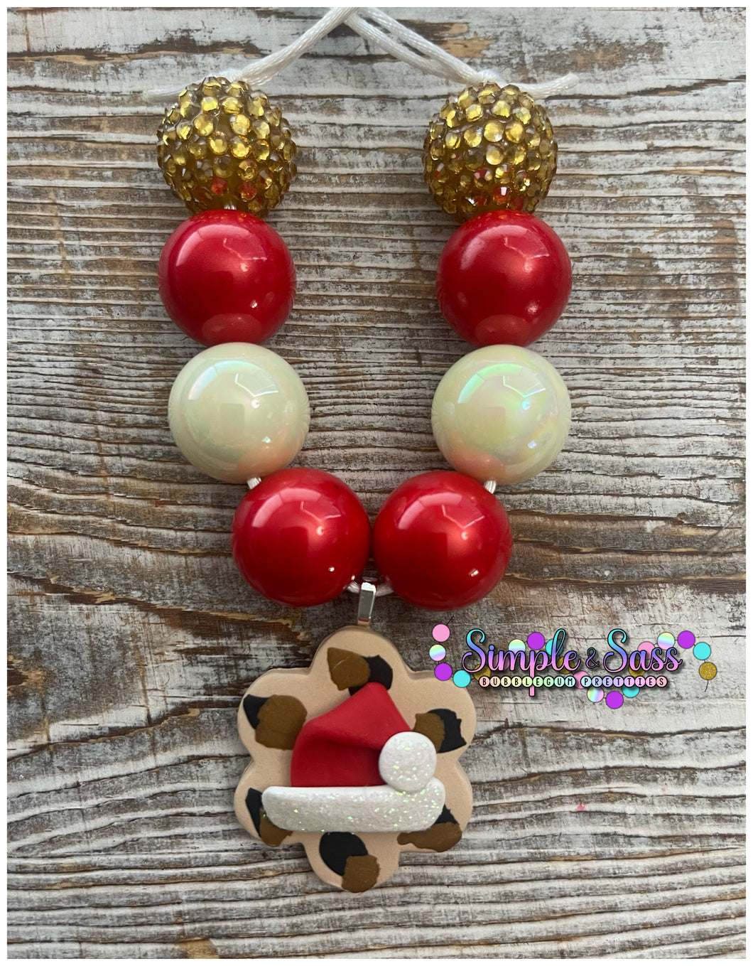 Santa Hat Bubblegum Bead Necklace with Clay Pendant