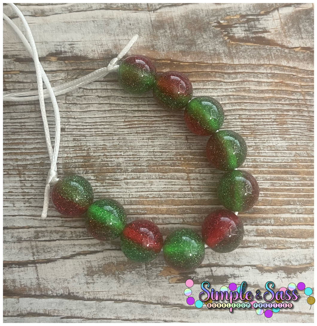 16mm Solid Red & Green Glitter Bubblegum Bead Necklace