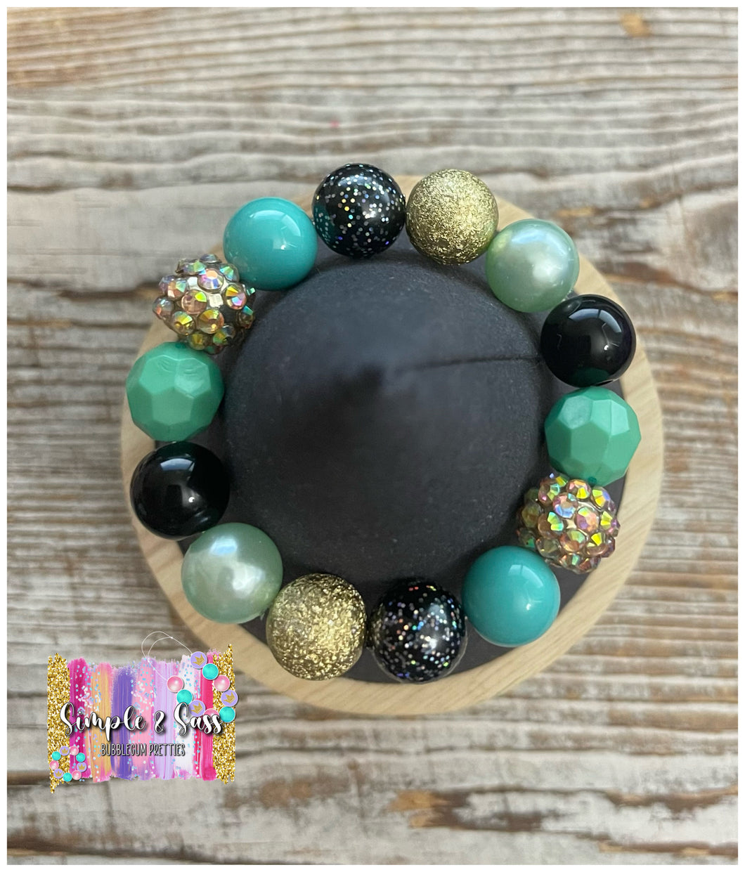Turquoise/Black/Gold Mix Bubblegum Bead Bracelet