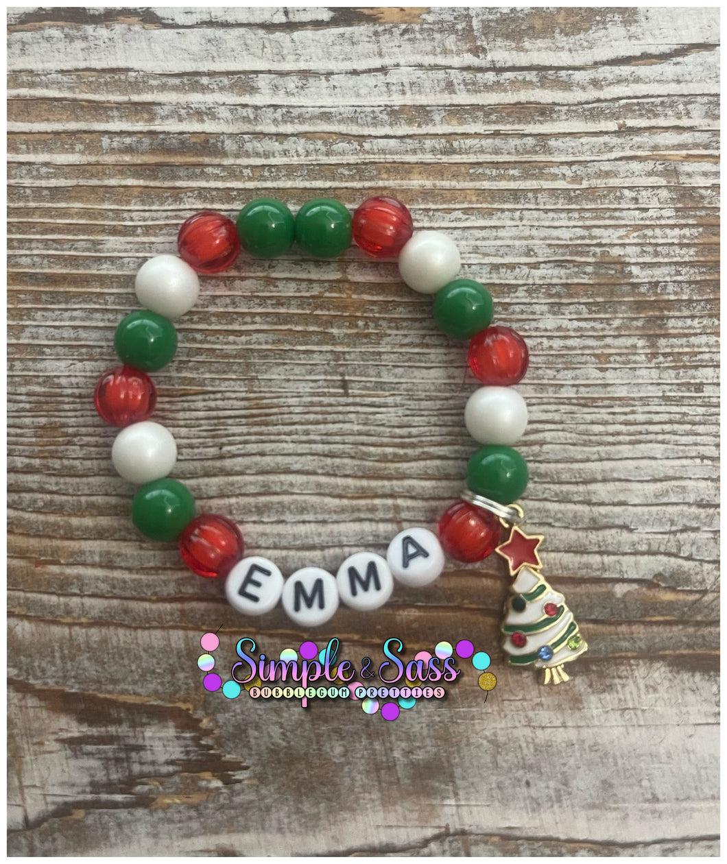 Christmas Tree Name 8mm Bracelet with Charm