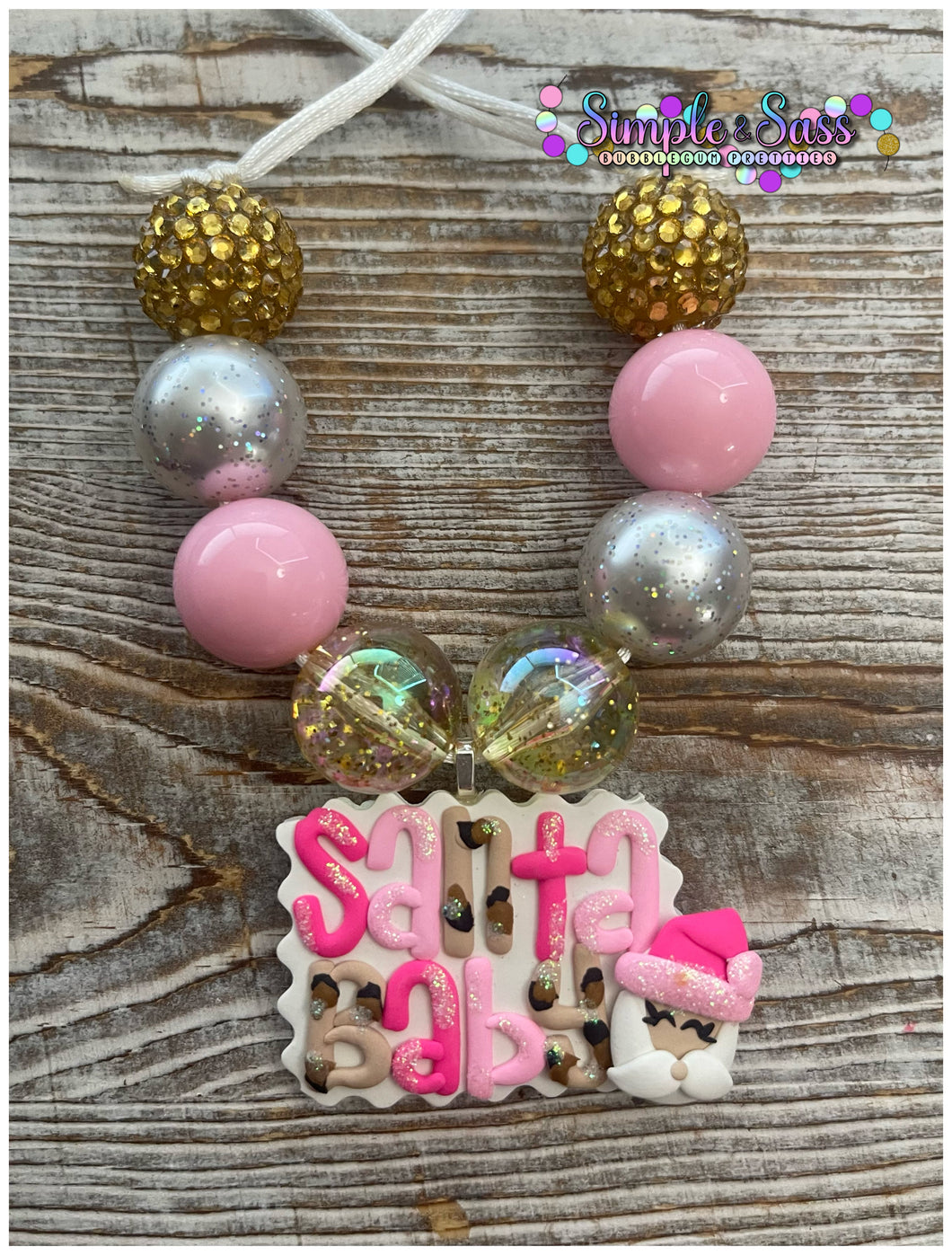 Santa Baby Bubblegum Bead Necklace with Clay Pendant