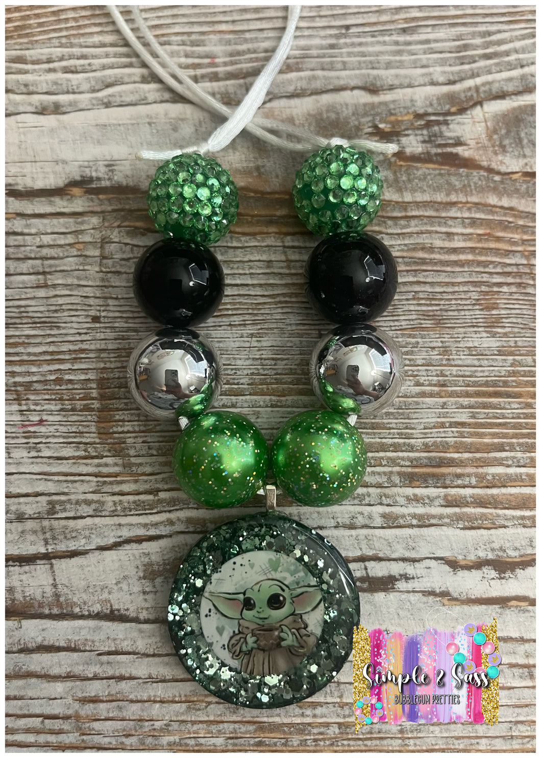Green Character Bubblegum Bead Necklace with Resin Pendant