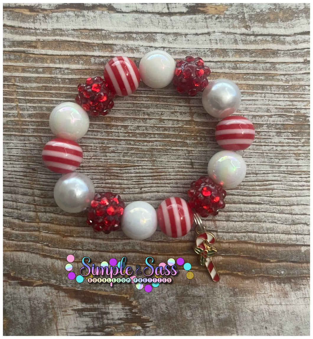 Candy Cane Bubblegum Bead Bracelet with Charm