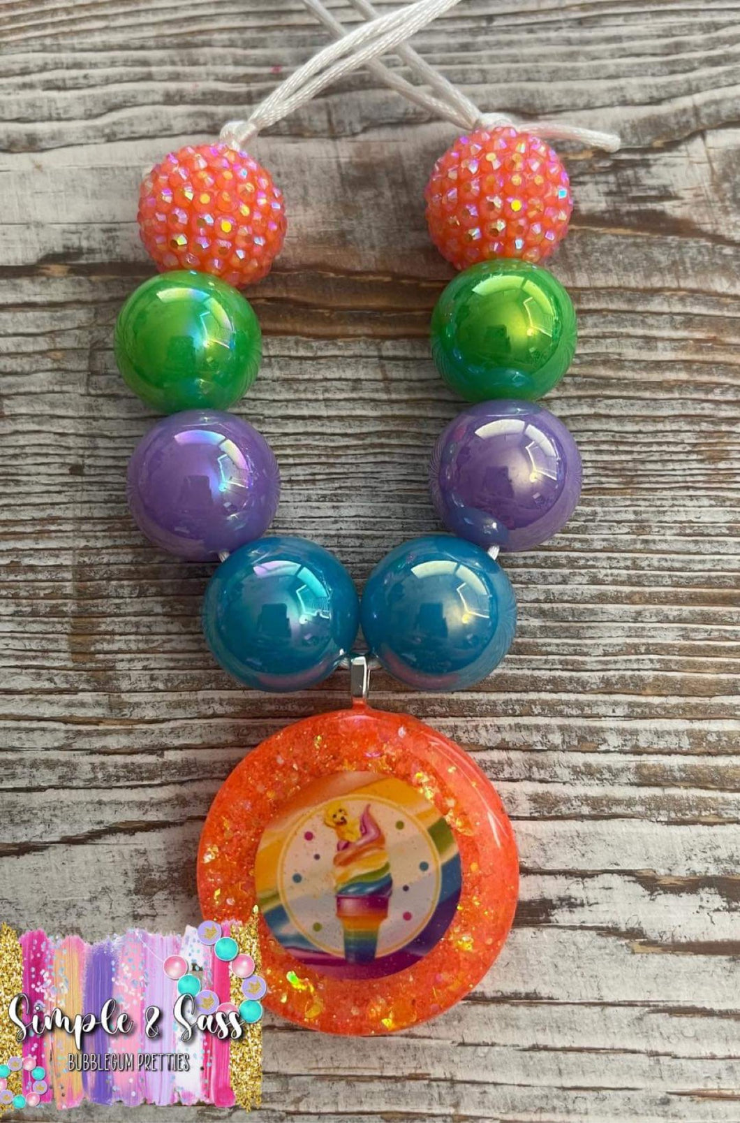 Neon Ice Cream Bubblegum Bead Necklace with Resin Pendant