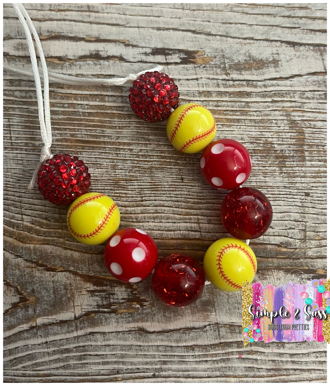 Softball Bubblegum Bead Necklace Red Glitxy
