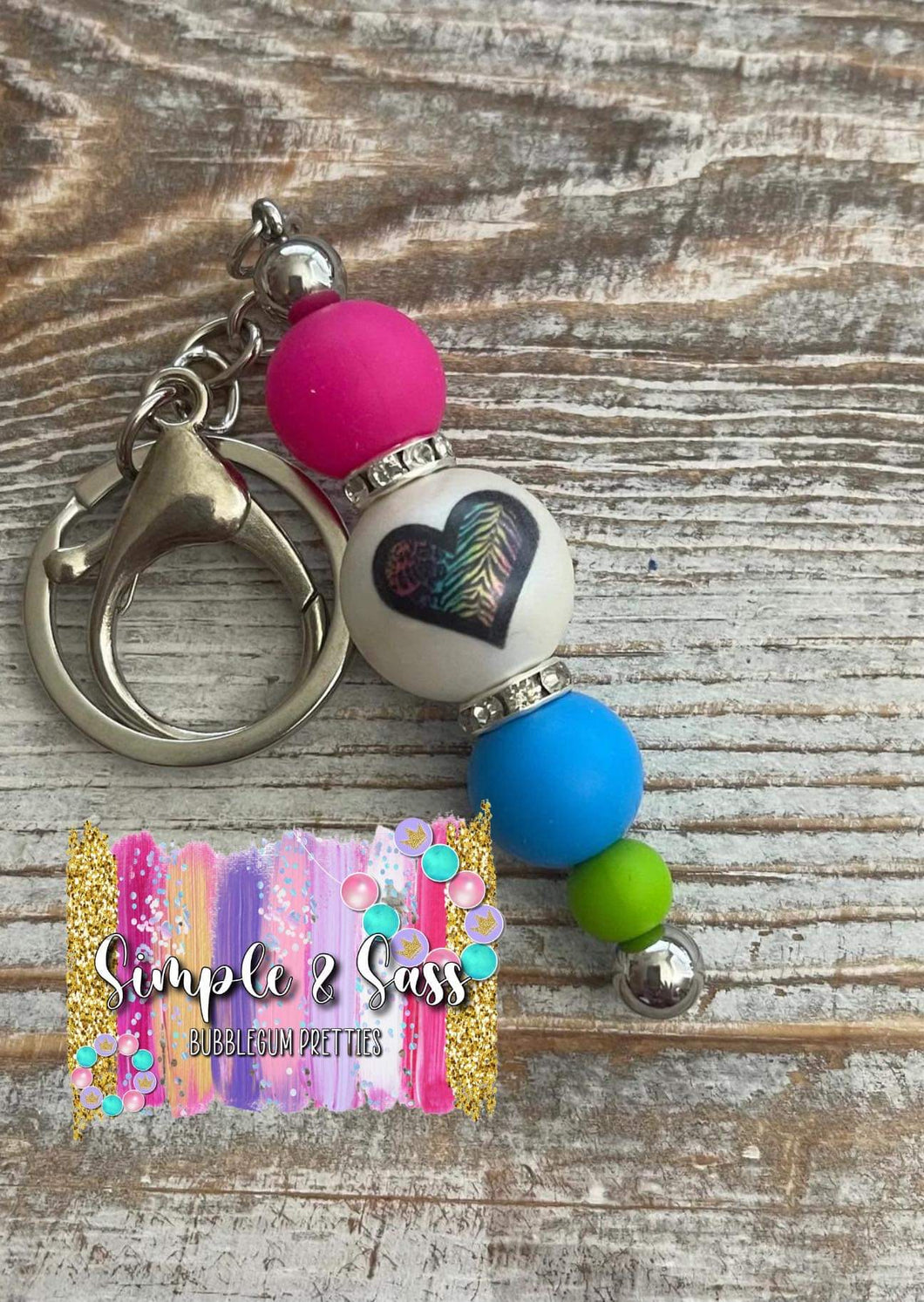 Neon Leopard Heart Beaded Keychain