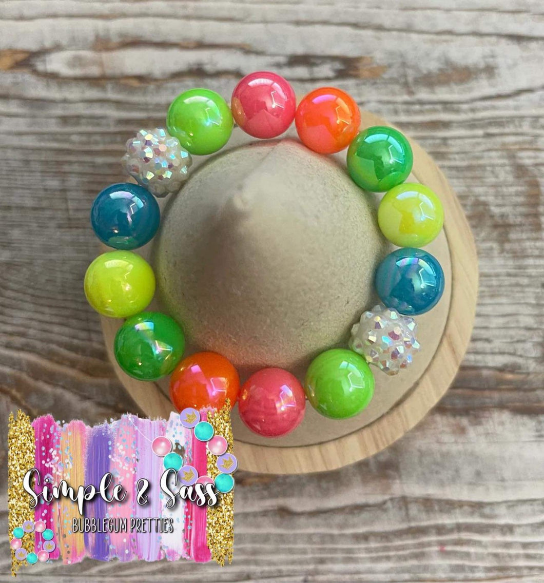 Iridescent Neon Mix with White Glitzy Bubblegum Bead Bracelet